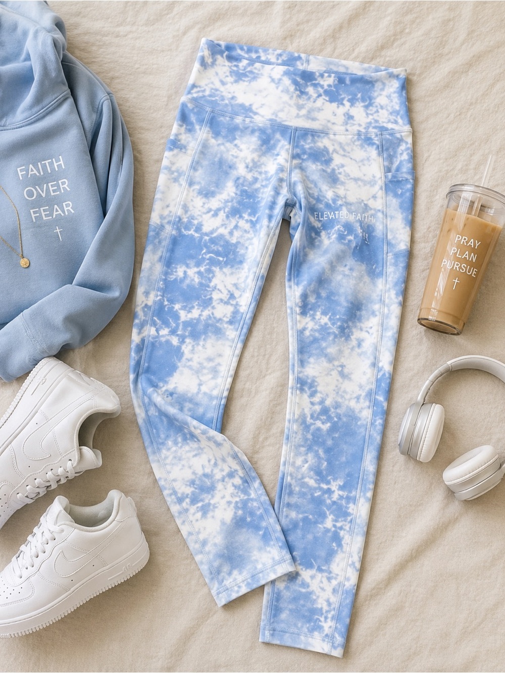 Elevated Faith Blue Cloud Tie Dye Leggings Large Athletic Yoga Pockets